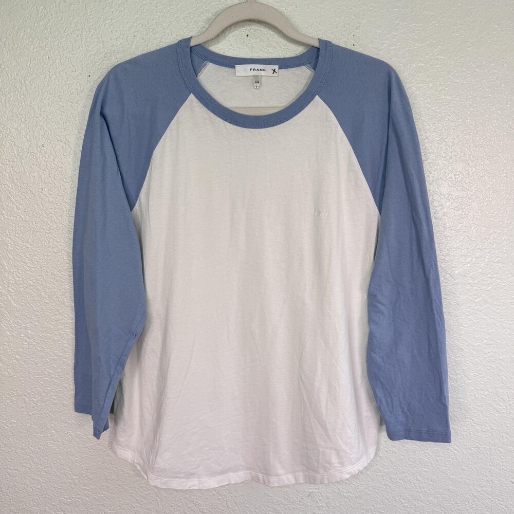 Frame Top Womens Large Logo Raglan Baseball Tee Shirt White Blue Long Sleeve